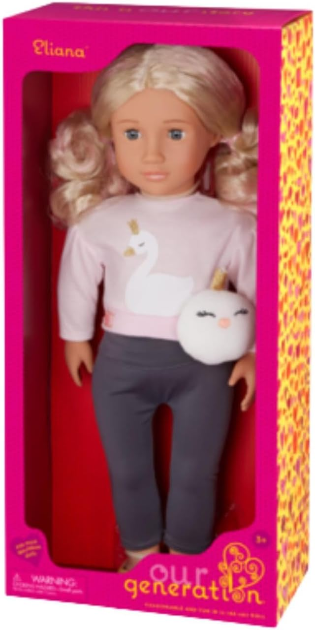 Eliana da Nossa Geração - Boneca de moda de 45 cm com roupa temática de cisne, olhos cinzentos e cabelo loiro elegante - Roupa e acessórios de boneca compatíveis - Idades 3+