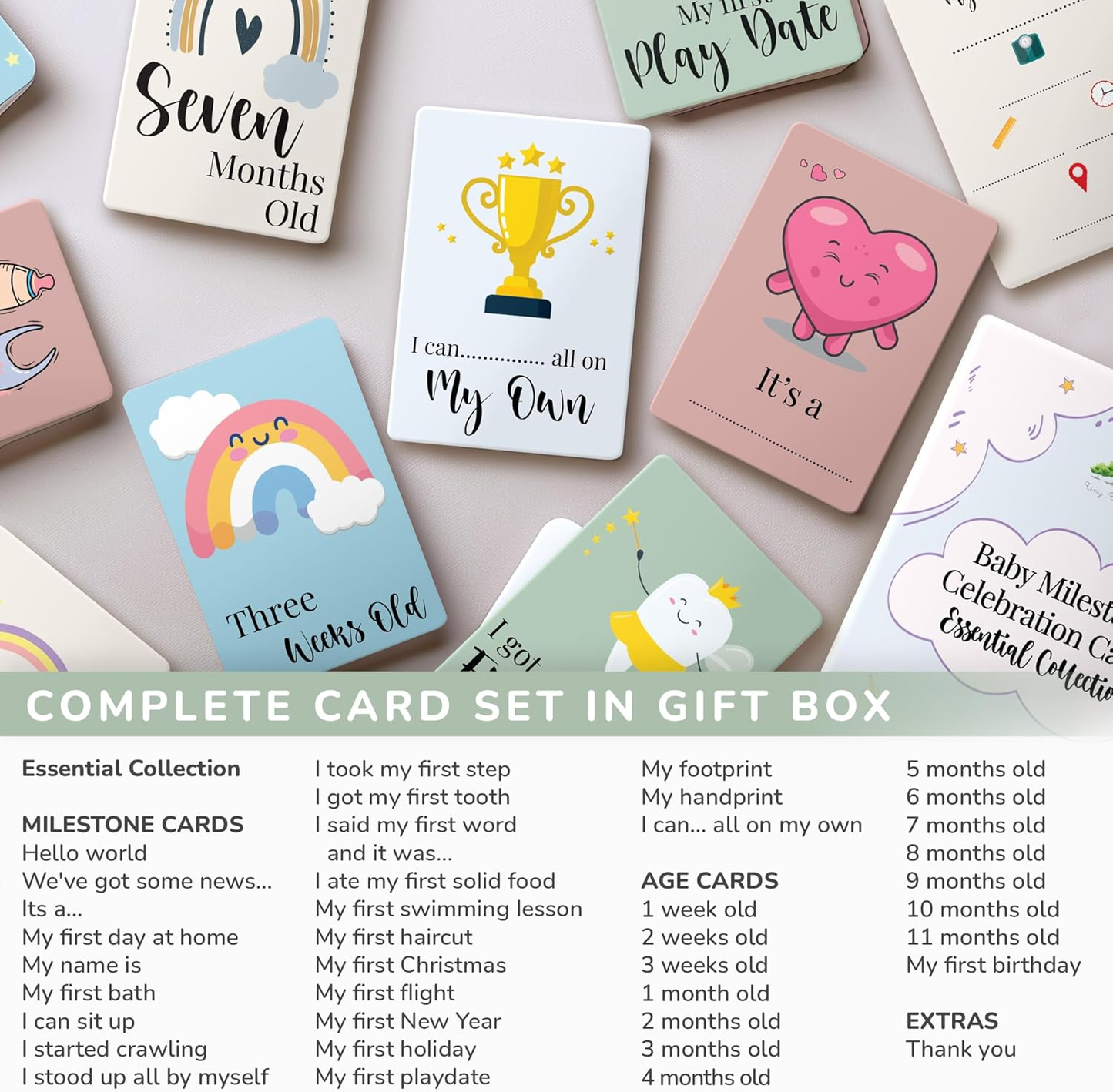 Tiny Trees® 40 cartões de marcos para bebés em caixa de oferta - Presentes para chá de bebé para a mamã - Presente de bebé para menino ou menina - Cartões unissexo de marcos para bebés para novos pais, presentes e lembranças de gravidez