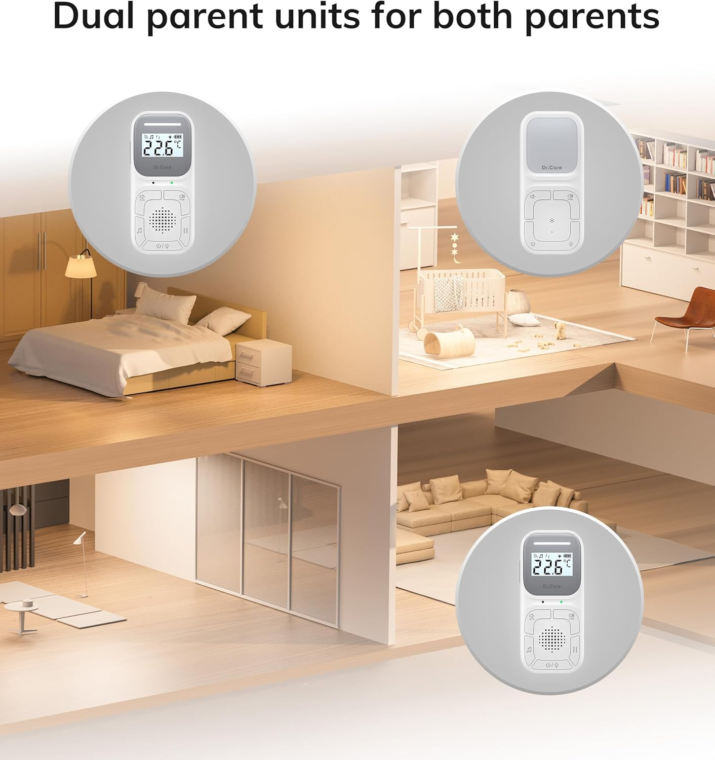 Dr.Care Neo Audio Baby Monitor – pré-emparelhado, conversação bidirecional, VOX, luz noturna, canções de embalar, alerta vibratório, alcance de 300 metros, altifalante e microfone, clipe portátil, sem WiFi