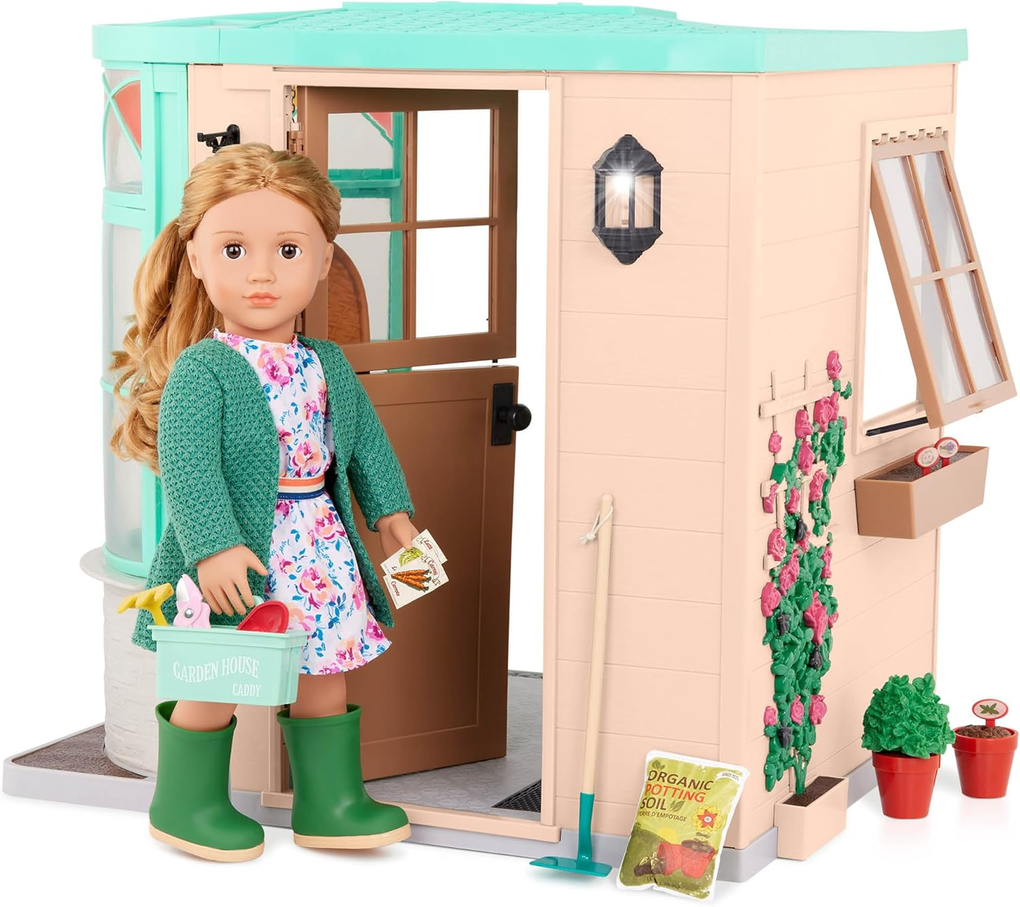 A nossa Geração Sala para Crescer Estufa – Conjunto de brinquedos temáticos de jardim para bonecas de 45 cm – Enorme conjunto de casa de brinquedo de jardim com 43 peças