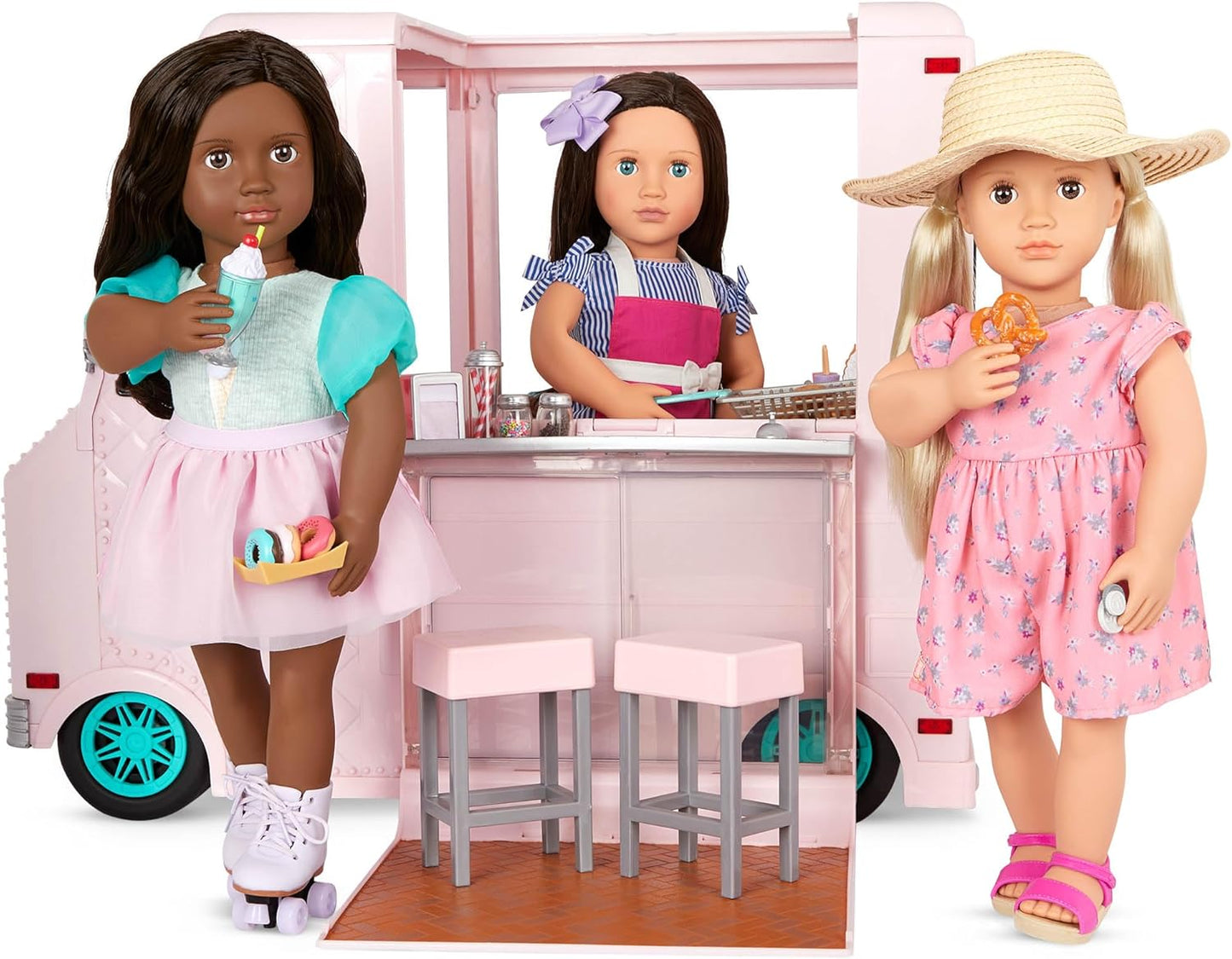 Camião de gelados Sweet Stop da Our Generation (rosa) – Conjunto de carrinha de gelados para bonecas de 45 cm – Inclui 129 acessórios