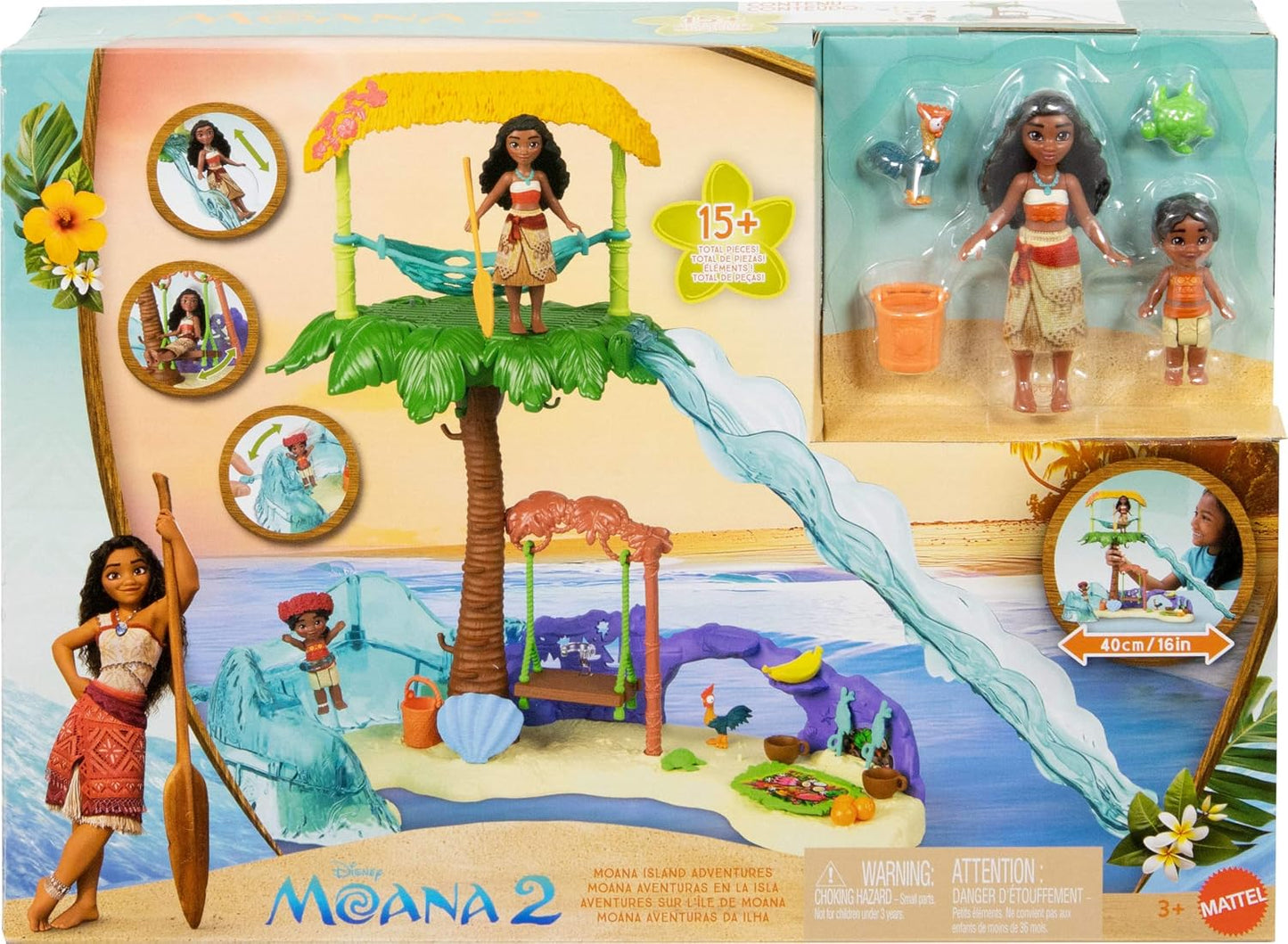 Mattel Brinquedos Disney Moana 2: Conjunto Aventura na Ilha da Moana com bonecas pequenas da Moana e da Simea, 2 personagens amigos, 5 áreas de brincar e 8 acessórios (JFF12)