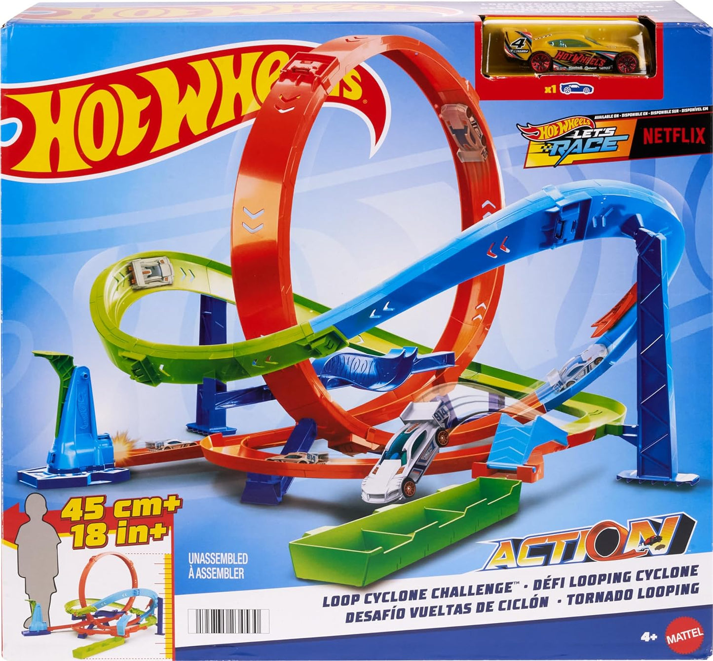 Hot Wheels Let's Race Netflix - Conjunto de pistas de carro de brinquedo, conjunto de pistas de desafio Action Loop Cyclone, 2 maneiras de jogar e armazenamento fácil, com carro de brinquedo em escala 1:64, HXM94