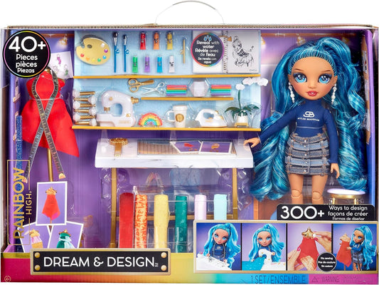 Rainbow High  Dream & Design Fashion Studio Playset – Conjunto de designer de moda com boneca Skyler Bradshaw azul e kit de moda fácil sem costura – Ótimo para crianças de 4 a 12 anos e colecionadores