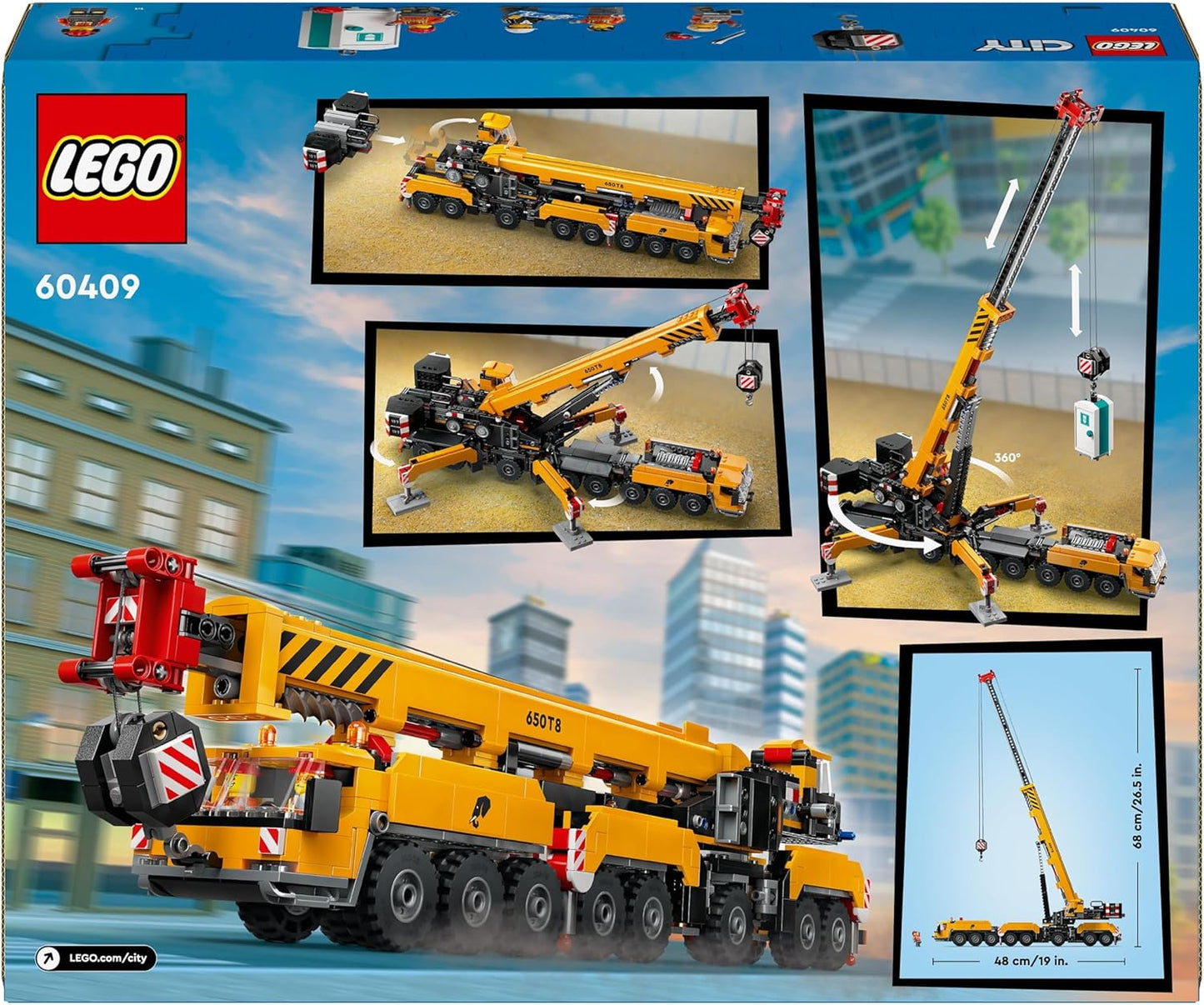 LEGO Brinquedo de guindaste de construção móvel City Yellow, conjunto de construção de veículos para meninos e meninas de 9 anos ou mais, lança longa extensível e 4 minifiguras de trabalhador para dramatização, presente criativo para crianças 60409