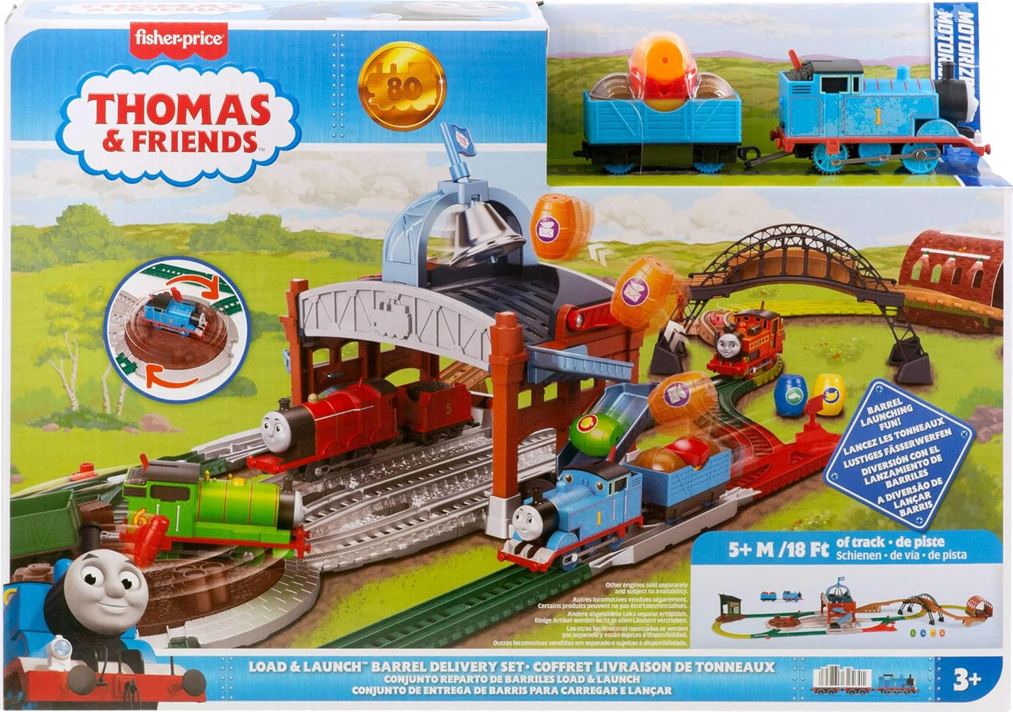 Fisher Price Conjunto de Trem de Brinquedo Thomas & Friends da Mattel, Carregue e Lance o Trem de Entrega de Barris com Locomotiva Motorizada Clássica e Vagão de Carga, 5,5 metros de Trilho, JGY30