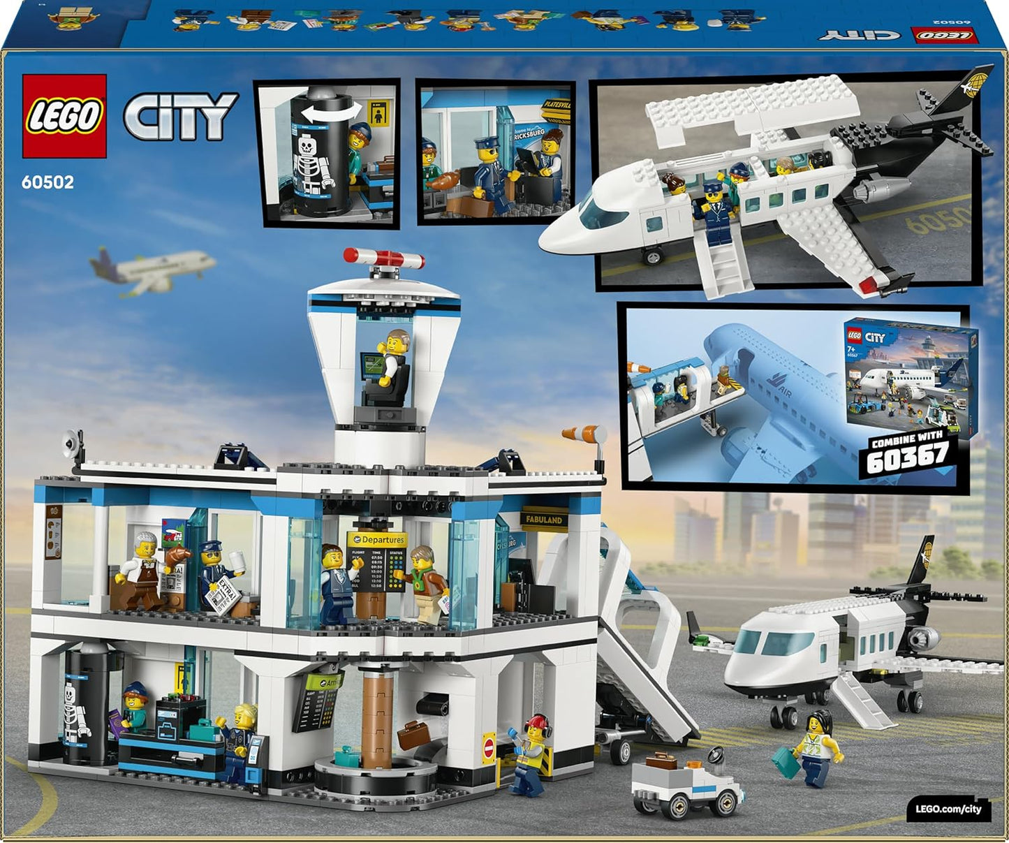 LEGO City Aeroporto com Avião - Kit de Modelo em Miniatura com Terminal, Avião, Caminhão Reboque, Ponte, 9 Minifiguras e Acessórios - Ideia de Presente de Aniversário para Meninos a partir de 8 Anos - 60502