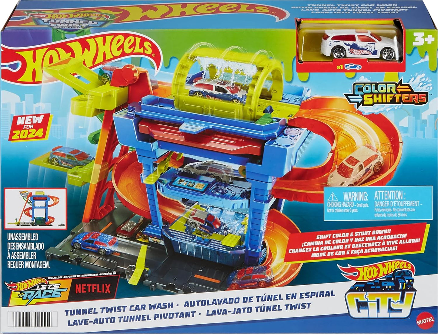 Hot Wheels Let's Race Netflix - Conjunto de pista de carro de brinquedo urbano, lavagem de carro Tunnel Twist com 1 veículo Color Shifters em escala 1:64, HTN80