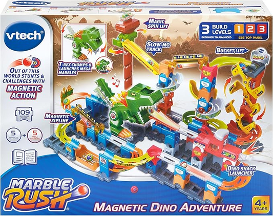 VTech Marble Rush Magentic Dino Adventure, conjunto de construção para crianças, 10 bolinhas de gude e 100 peças de construção, brinquedo de construção, corrida de mármore de dinossauro com efeitos de luz e som para 4, 5, 6 anos + versão em inglês