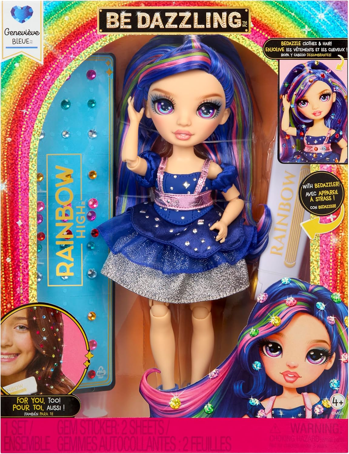 Rainbow High Be Dazzling - Genevieve Bleue - Boneca Fashion Azul de 28cm com Ferramenta para Aplicar Brilho, Gemas Brilhantes e Acessórios de Estilo