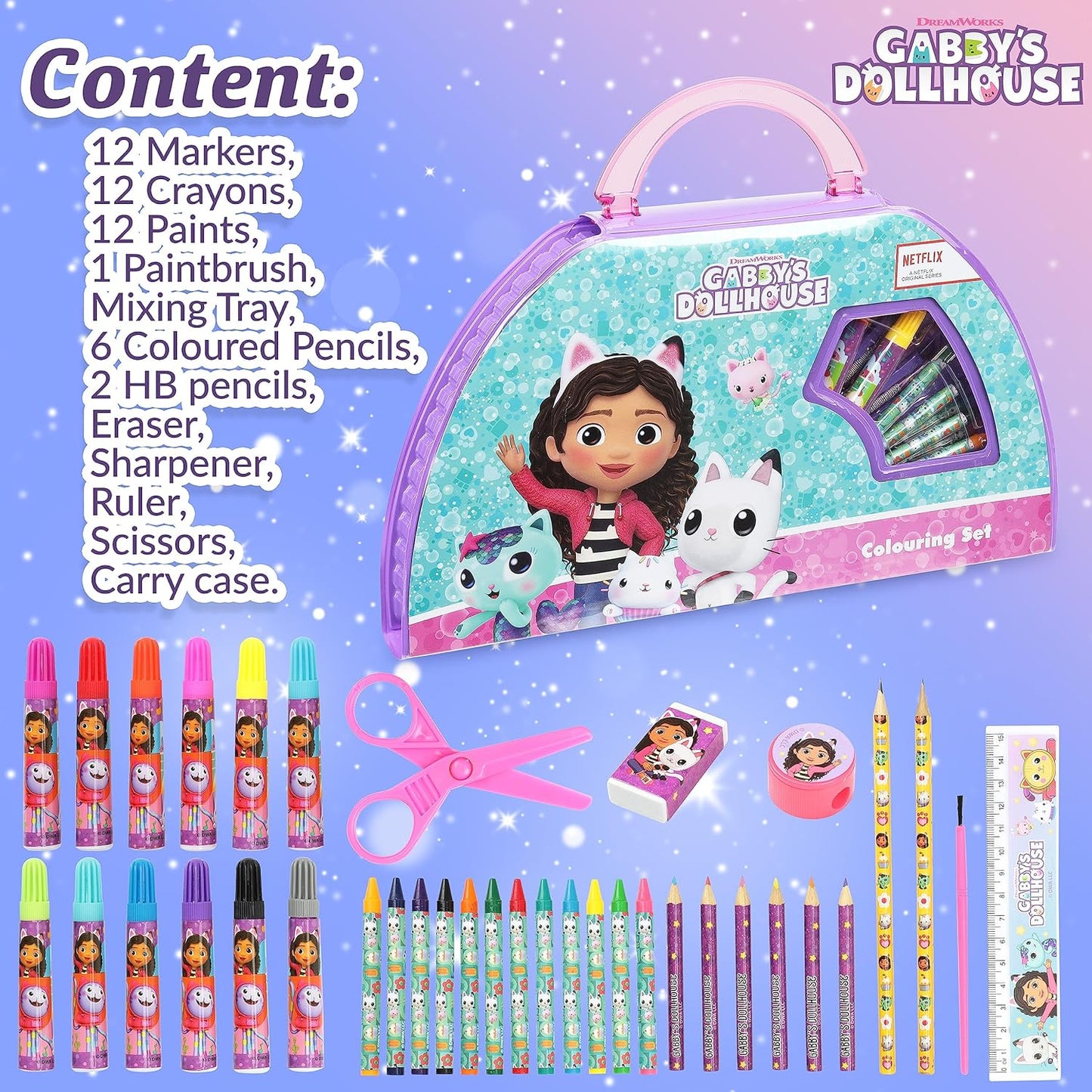 Gabby's Dollhouse Conjunto de Arte para Meninas com Lápis de Cor, Tintas, Canetas de Ponta de Feltro, Material Escolar e Artesanato para Crianças, Ideal para Pré-Escola e Viagens, Conjunto de Presente com Mais de 40 Peças