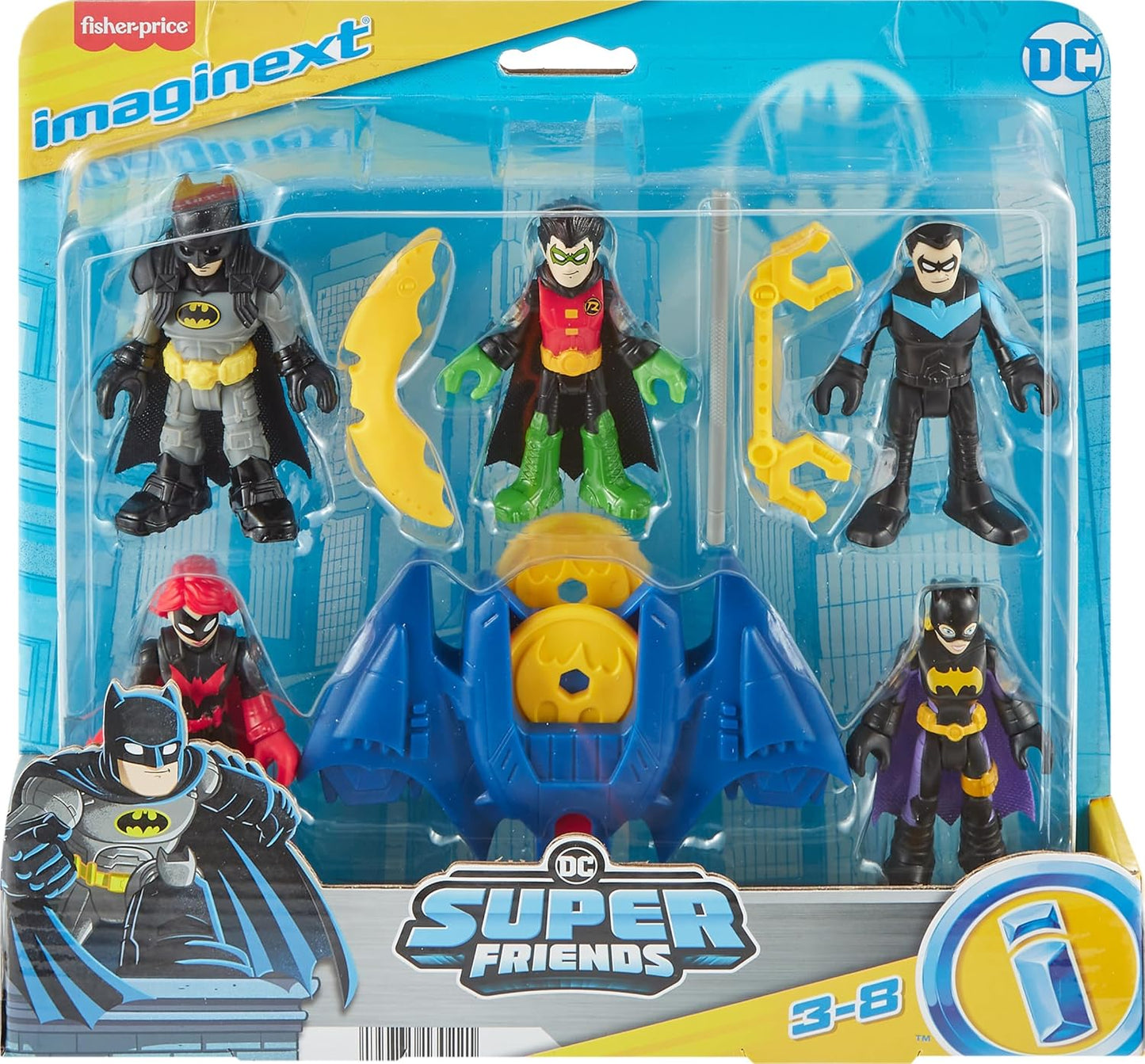 Imaginext DC Super Friends Batman Brinquedos, Pacote Familiar para Crianças em Idade Pré-escolar com 5 Figuras Articuladas e 7 Acessórios para Brincar de Faz-Tudo, HML03, Multicolorido