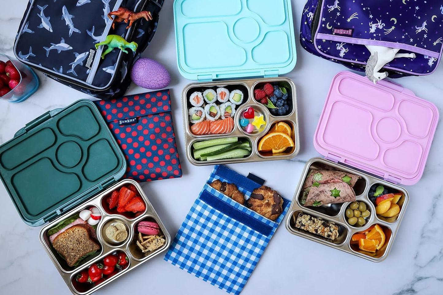Yumbox Lancheira isolada para crianças: leve e durável; Bolsos Exteriores/Interiores; 10,25x8x4 polegadas; Limpeza fácil; Lancheira perfeita para meninas; Estampa Unicórnio Roxo