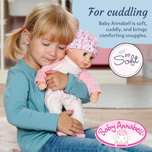 Baby Annabell Boneca Anna de 36 cm, macia, com olhos que fecham - Inclui mamadeira, chapéu e macacão - Primeira boneca, ideal para crianças a partir de 1 ano de idade.