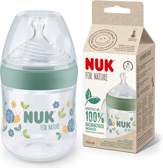 NUK  para mamadeira Nature, tetina pequena, 150 ml, tetina de silicone sustentável semelhante ao seio com ventilação anti-cólica, controle de temperatura, sem BPA, verde