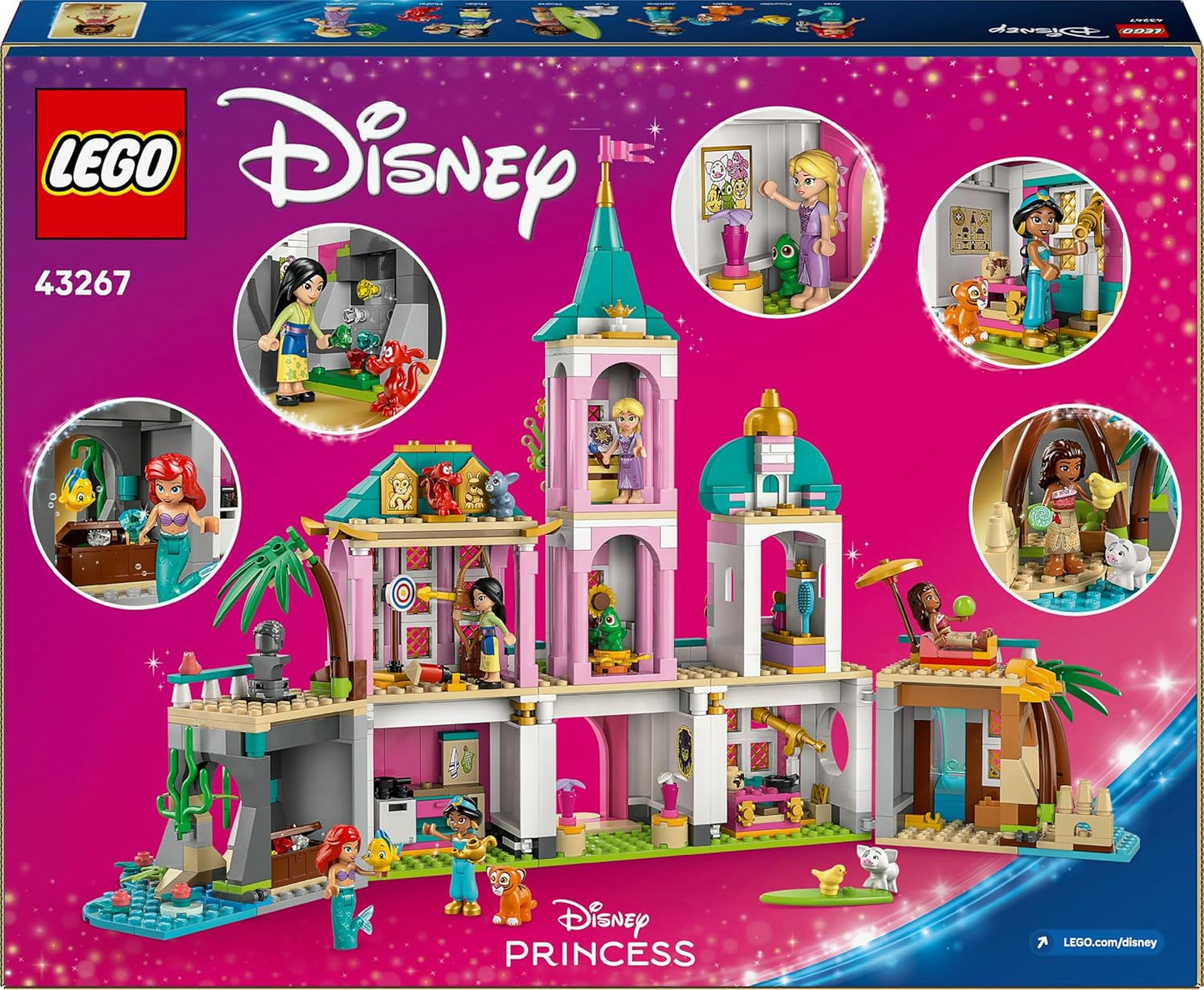 LEGO ǀ Castelo das Princesas Disney e Animais de Estimação Reais - Brinquedo Modular com Interior Detalhado - Inclui Mini Bonecas da Ariel, Rapunzel, Mulan, Jasmine e Moana com seus Animais de Estimação - Presente para Meninas a partir de 6 Anos - 43267
