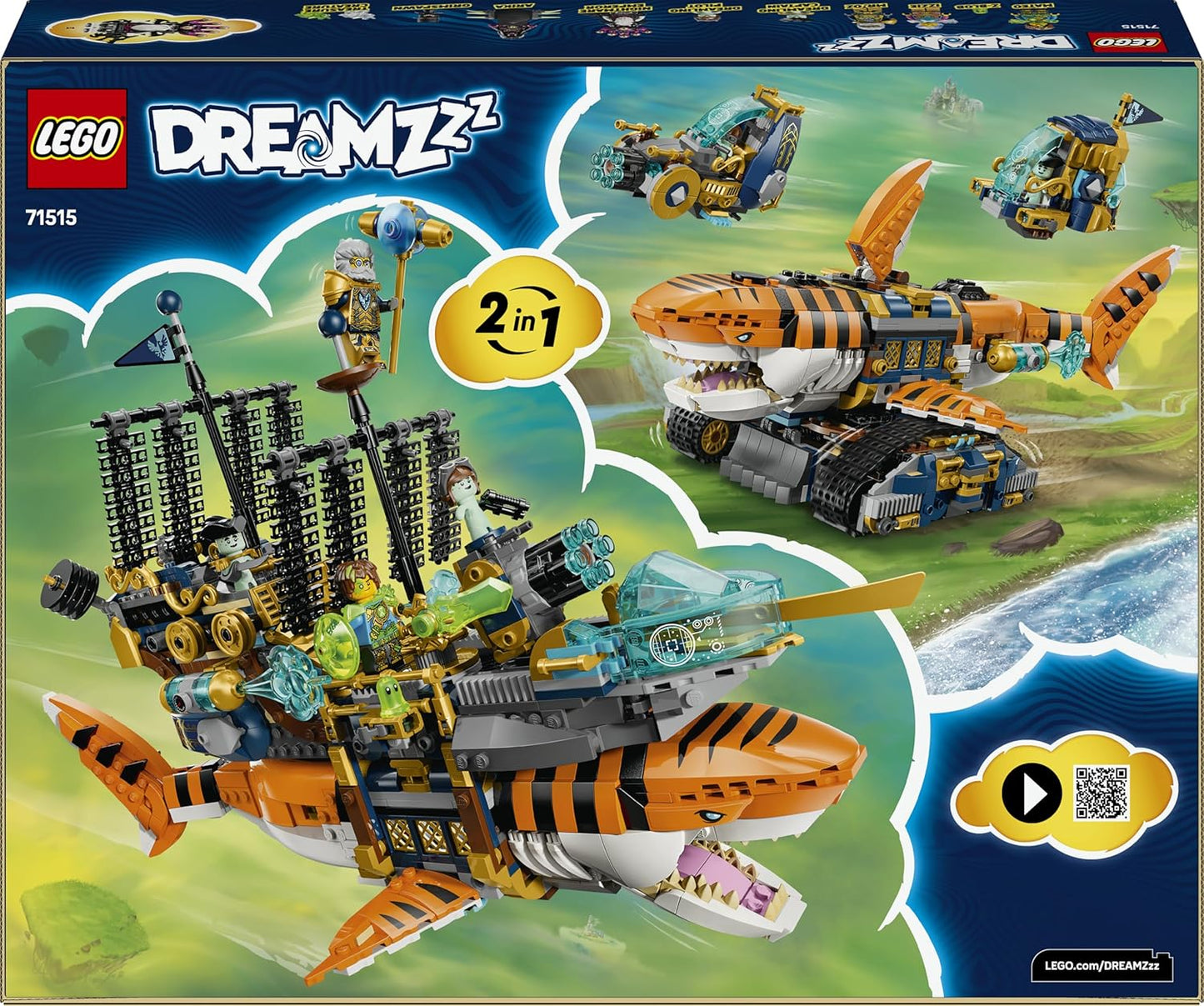 LEGO DREAMZzz 2 em 1 Tanque Tubarão-Tigre - Transforma-se em um Navio Pirata com Canhão - Inclui 5 Minifiguras e 2 Criaturas do Tesouro Colecionáveis - Presente para Meninos a partir de 9 Anos - 71515