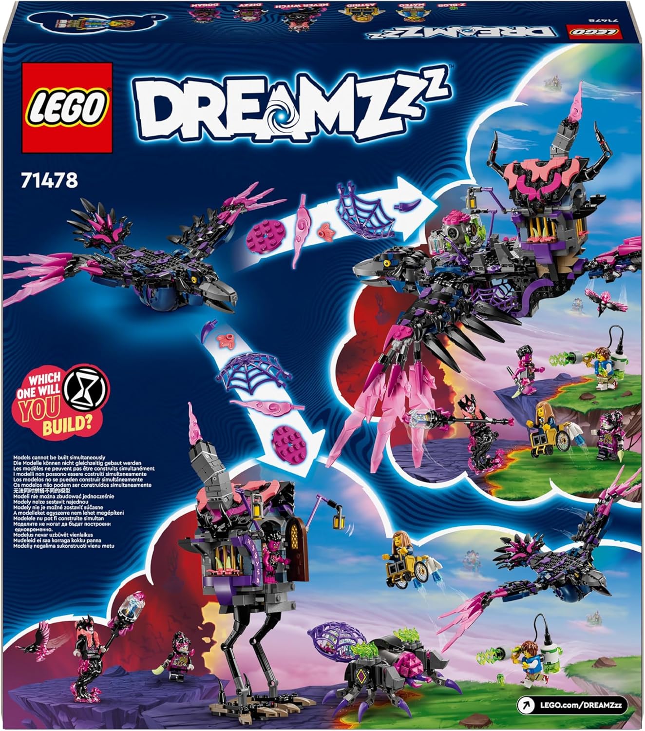 LEGO DREAMZzz The Never Witch’s Midnight Raven Animal Toy para meninos e meninas de 9 anos ou mais, reconstrua uma cabana de fantasia como uma casa, figura de aranha ou pássaro, ideia de presente de aniversário