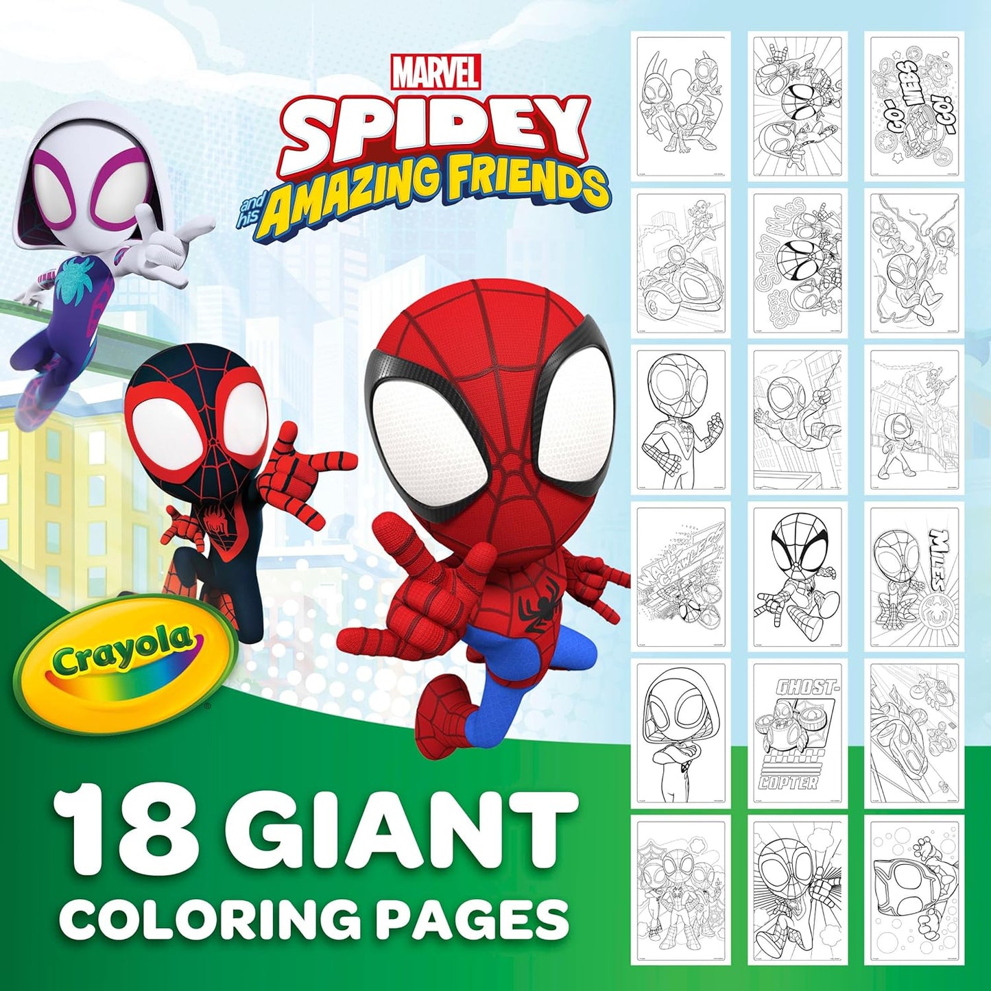 CRAYOLA Livro de colorir gigante da - Homem-Aranha e seus amigos incríveis | 18 páginas de diversão para colorir com o Homem-Aranha | Inclui 100 adesivos | Ideal para crianças a partir de 3 anos