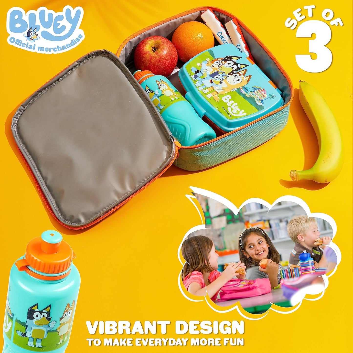 Bluey Juego de lonchera de 3 piezas con bolsa de almuerzo aislada, sin BPA, botella de agua de 430 ml - para preescolar, guardería, viajes o excursiones de un día - Juego de lonchera para niños