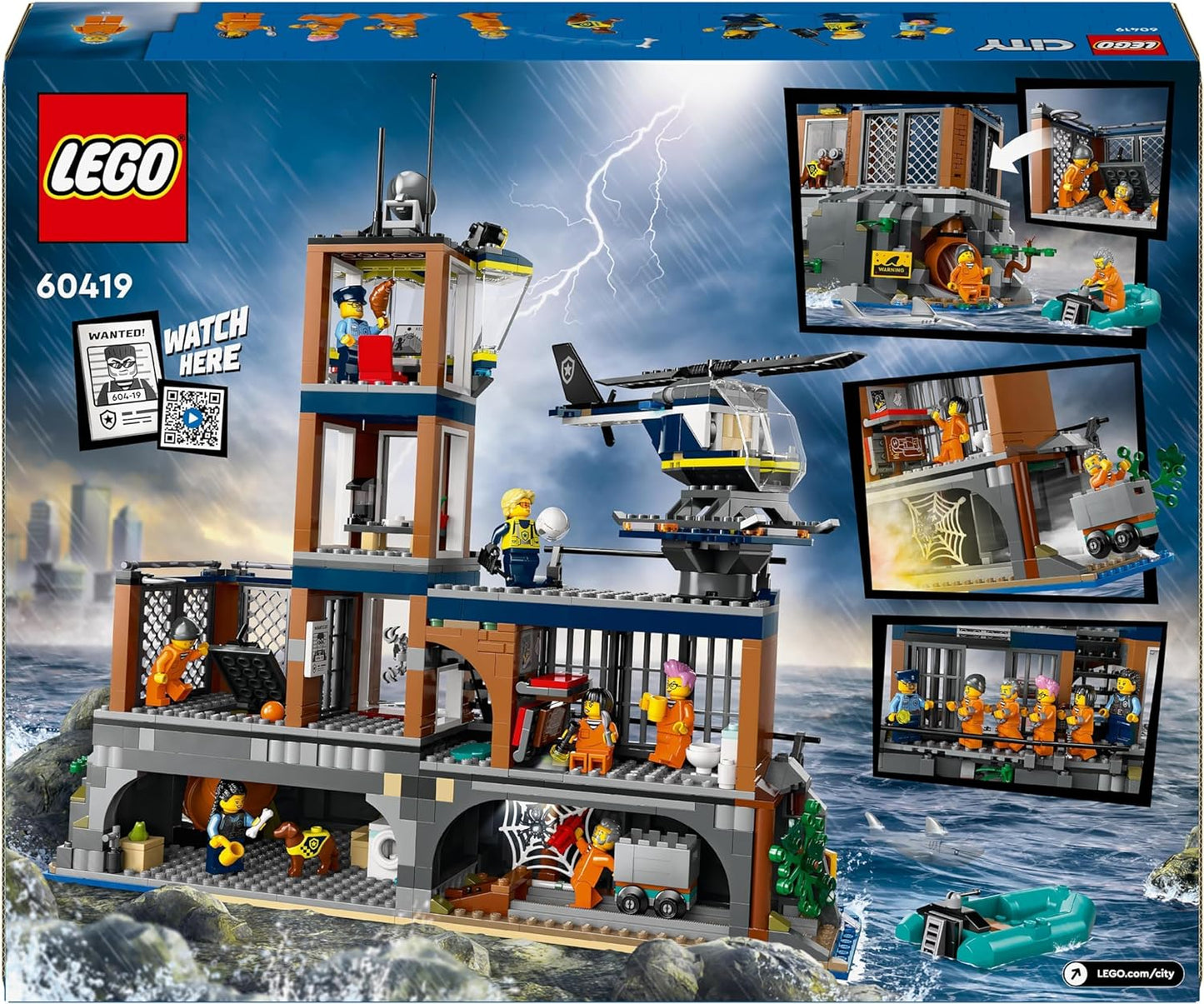 LEGO City Police Prison Island Juguete para niños, niñas y niños a partir de 7 años, set de vehículo de emergencia con helicóptero, barco, 7 minifiguras, figuras de perro y tiburón para jugar