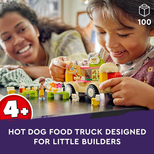 LEGO Brinquedo de caminhão de comida de cachorro-quente Friends para meninas, meninos e crianças de 4 anos ou mais, conjunto de veículos com personagens de miniboneca, figura de gato e acessórios de cozinha, brincadeira de fingir