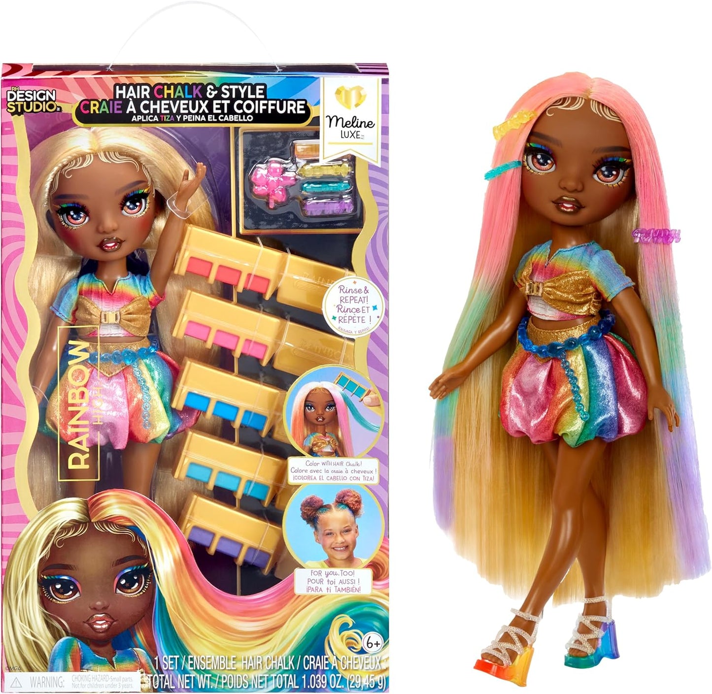 Rainbow High Boneca Hair Chalk & Style, giz de cabelo lavável, colorir, estilizar, brincar, enxaguar e repetir, para crianças de 4 a 12 anos ou mais