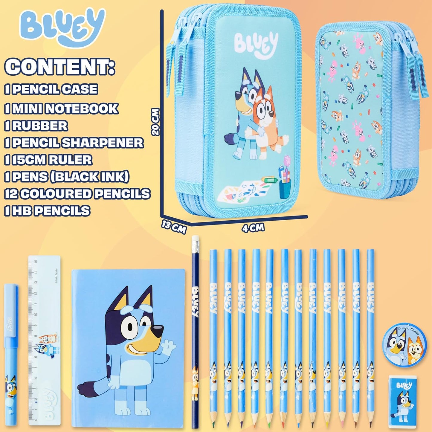Bluey Estojo de Lápis Cheio para Crianças com 2 Compartimentos, Papelaria Incluída - Material Escolar Primário