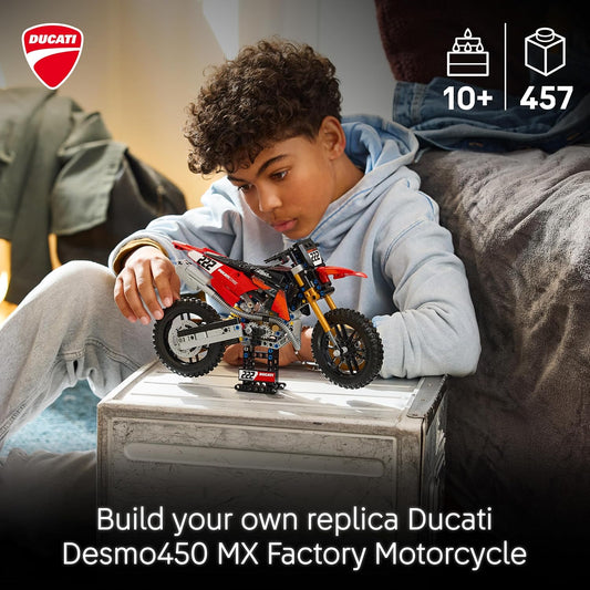 LEGO Kit de Modelo de Moto Technic Ducati Desmo450 MX Factory – inclui moto de brinquedo com motor de cilindro e suspensão – Decoração de mesa – Presente colecionável para meninos a partir de 10 anos – 42238