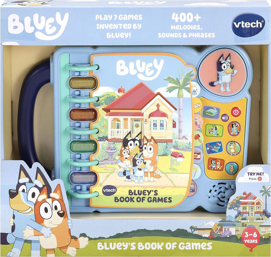 VTech Livro de jogos do Bluey, livro oficial do Bluey, livro infantil interativo, brinquedo de atividade educacional com 4 modos de aprendizagem, presente para crianças de 3, 4, 5, 6 anos, versão em inglês