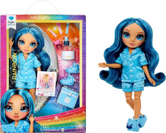 Rainbow High Junior High PJ Party - Skyler (azul) - Boneca articulada de 22 cm com macacão macio, chinelos e acessórios para brincar - Brinquedo infantil - Ótimo para idades de 4 a 12 anos