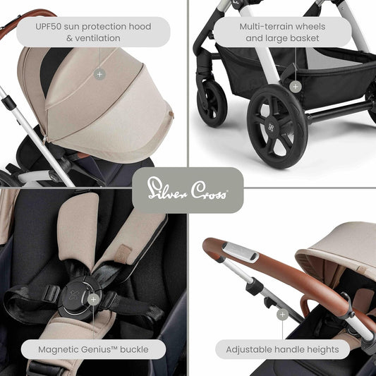 Silver Cross Carrinho de Bebê Tide e Conjunto de 7 Peças, do Nascimento até 22kg, Cor Pedra