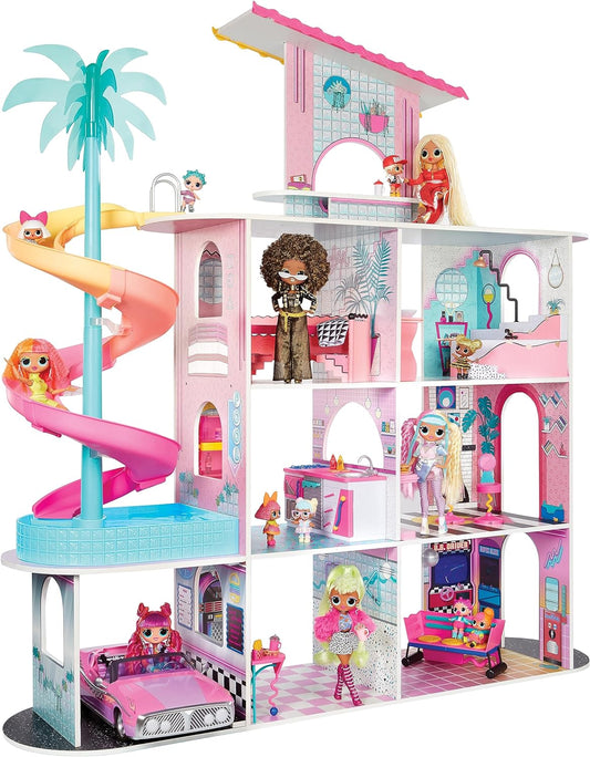 L.O.L. Surprise Conjunto de jogos OMG Fashion House com mais de 85 surpresas - casa de bonecas de madeira real com piscina, escorregador em espiral, pátio na cobertura, cinema, móveis transformadores e muito mais - ótimo para crianças a partir de 4 anos