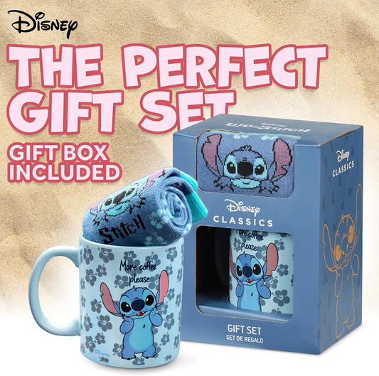Conjunto de presente de caneca e meias da Disney para mulheres, meias de panturrilha e caneca de cerâmica - presentes femininos (Blue Stitch)