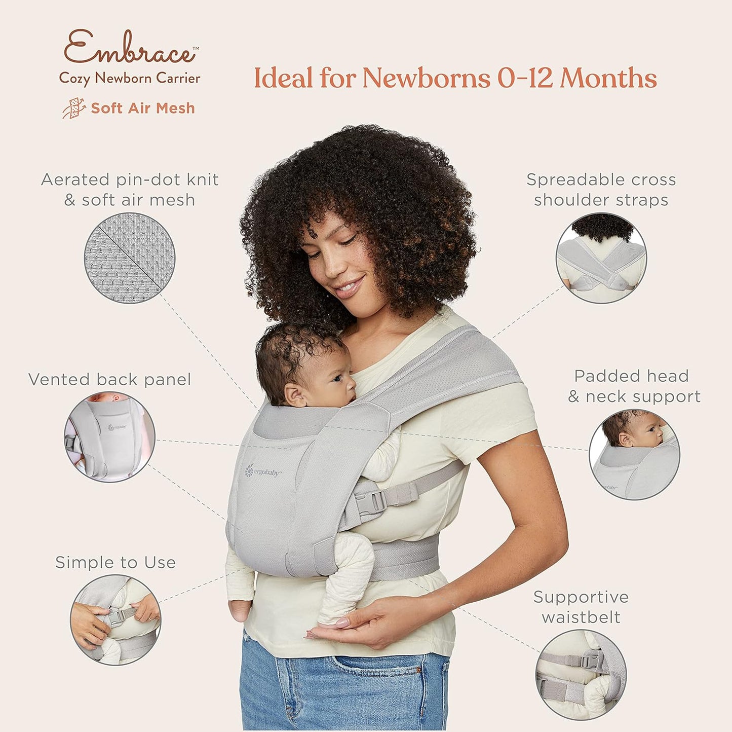 Ergobaby Hug Portabebés ergonómico Soft Air Mesh para recién nacidos desde el nacimiento, portabebés ergonómico de 2 posiciones, negro lavado