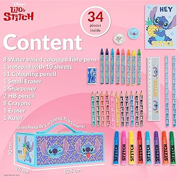 Disney Stitch Kids Art Set, Lápis de Cor Canetas Giz de Cera Suprimentos de Arte em Caixa de Arte 30 Mais Peças - Stitch Presentes para Meninas (Blue Stitch)