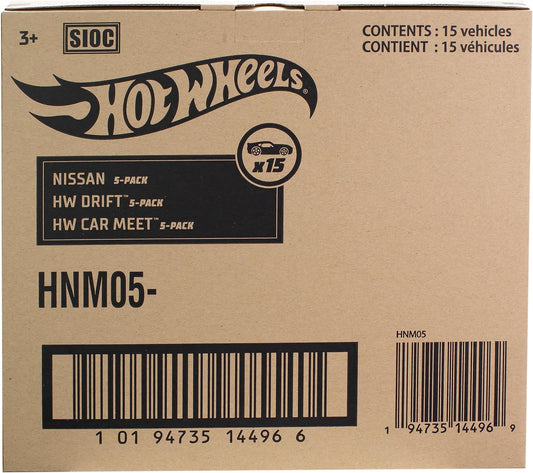Hot Wheels Paquete de 5 15 autos de juguete, 3 paquetes temáticos de 5 vehículos 1:64, detalles auténticos, decoración realista, regalo para coleccionistas y niños a partir de 3 años, HNM05