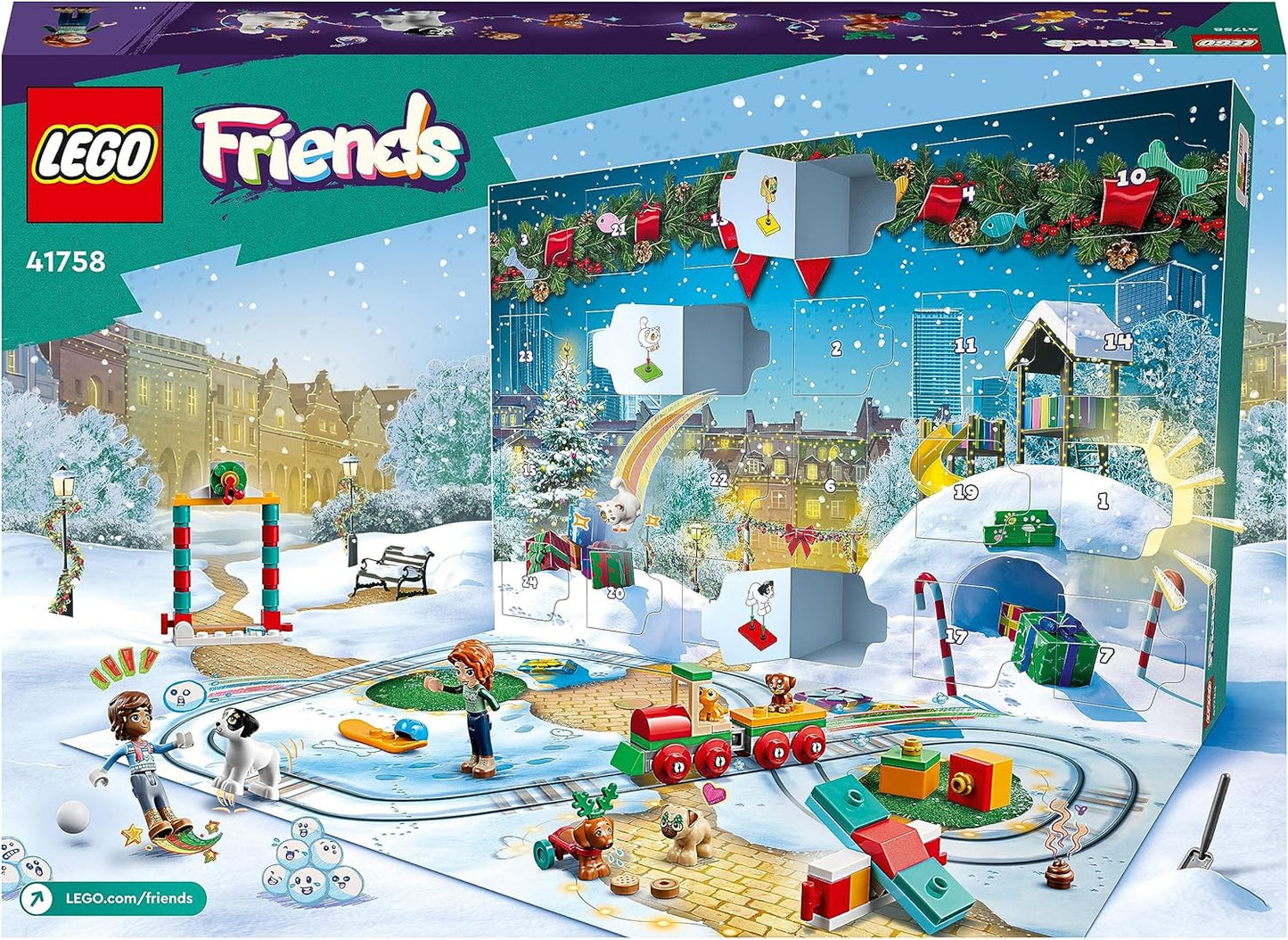 LEGO 41758 Friends Calendário do Advento 2023 com 24 presentes surpresa, incluindo 8 figuras de animais de estimação, 2 minibonecas e brinquedos festivos, presente de contagem regressiva de Natal para meninas, meninos e crianças