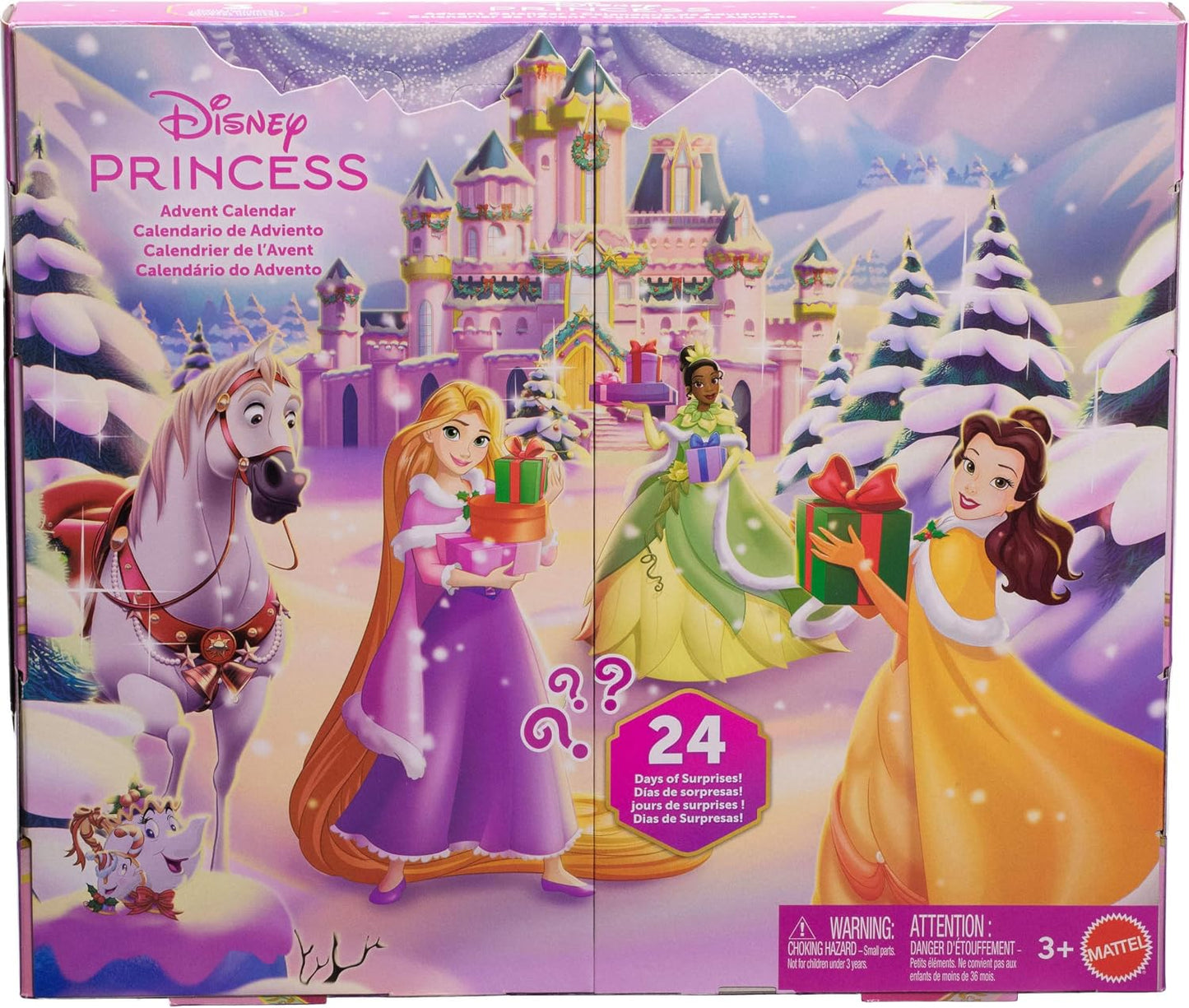 Mattel Calendário do Advento Disney Princess da com Bonecas Rapunzel, Tiana e Bela | 24 Dias de Surpresas: 3 Bonecas Pequenas com Visuais de Inverno, 3 Figuras de Personagens, 6 Looks e 16 Acessórios, JFG79