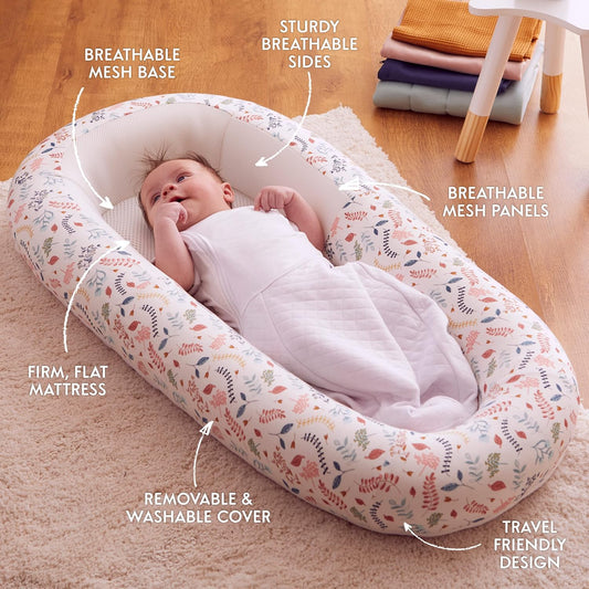 PurFlo Cama de bebê Sleep Tight | Seguro para dormir durante a noite | Alternativa de ninho de bebê totalmente respirável | Itens essenciais para recém-nascidos | Botanical de 0 a 8 m