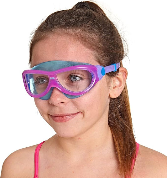 Zoggs Phantom Junior Gafas de natación, gafas de natación con protección UV, correas de ajuste rápido para gafas de niños, lentes transparentes sin niebla, gafas de natación para niños de 6 a 14 años, transparente, morado/azul