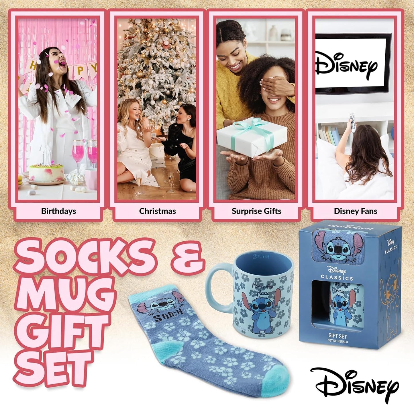 Conjunto de presente de caneca e meias da Disney para mulheres, meias de panturrilha e caneca de cerâmica - presentes femininos (Blue Stitch)