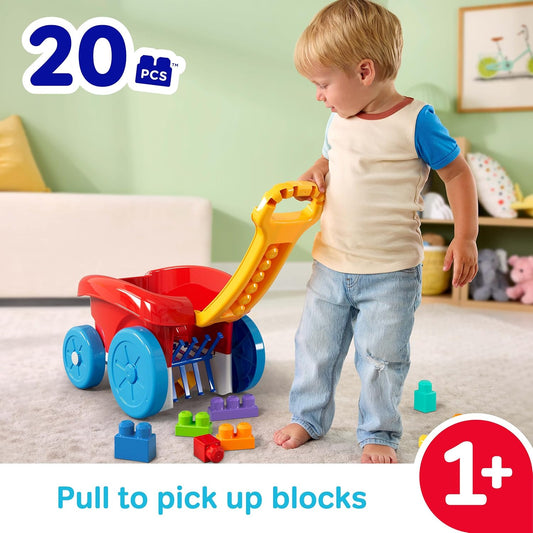 MEGA BLOKS First Builders Brinquedo de Construção para Crianças Pequenas, Carrinho de Reboque com 20 Peças e Compartimento de Armazenamento Integrado, Recolhe Blocos, Vermelho, Crianças a partir de 1 Ano, JFR30