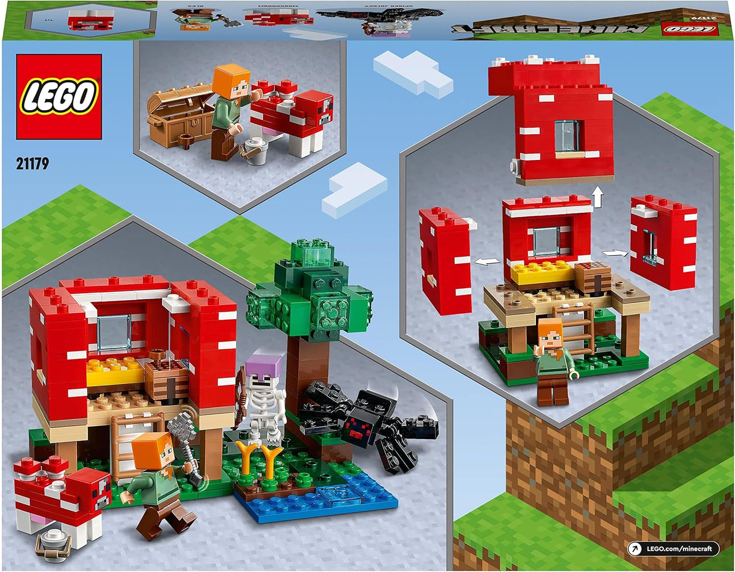 LEGO Conjunto Minecraft The Mushroom House, brinquedo de construção para crianças a partir de 8 anos, ideia de presente com figuras de Alex, Mooshroom e Spider Jockey