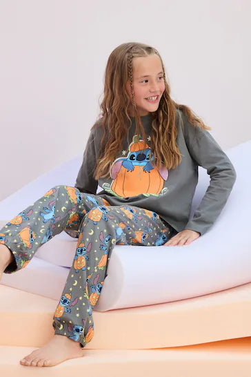 |Niña Grande| Pijama Lilo & Stitch Gris Carbón 100% Algodón con Licencia de Halloween (Edades 3 a 16)