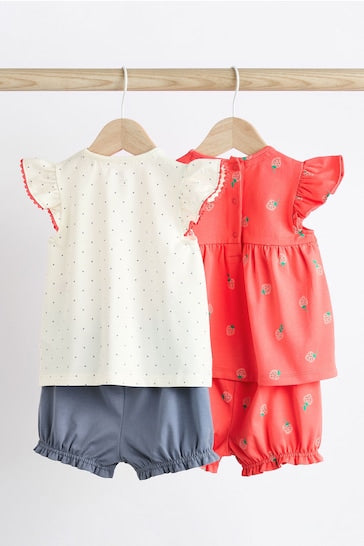 |BabyGirl| Conjunto De 4 Peças De Camisetas e Shorts Para Bebê - Vermelho / Marinho / Morango Branco (0 meses - 2 anos)