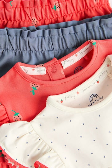 |BabyGirl| Conjunto De 4 Peças De Camisetas e Shorts Para Bebê - Vermelho / Marinho / Morango Branco (0 meses - 2 anos)
