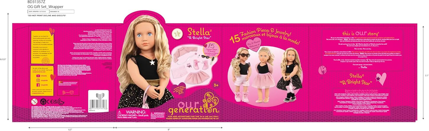 A Nossa Geração – Boneca Starry Fashion Starter de 45 cm – Stella – Cabelo loiro e olhos azuis – 3 roupas e acessórios de estilo em caixa de oferta – Brincadeira de faz de conta para maiores de 3 anos