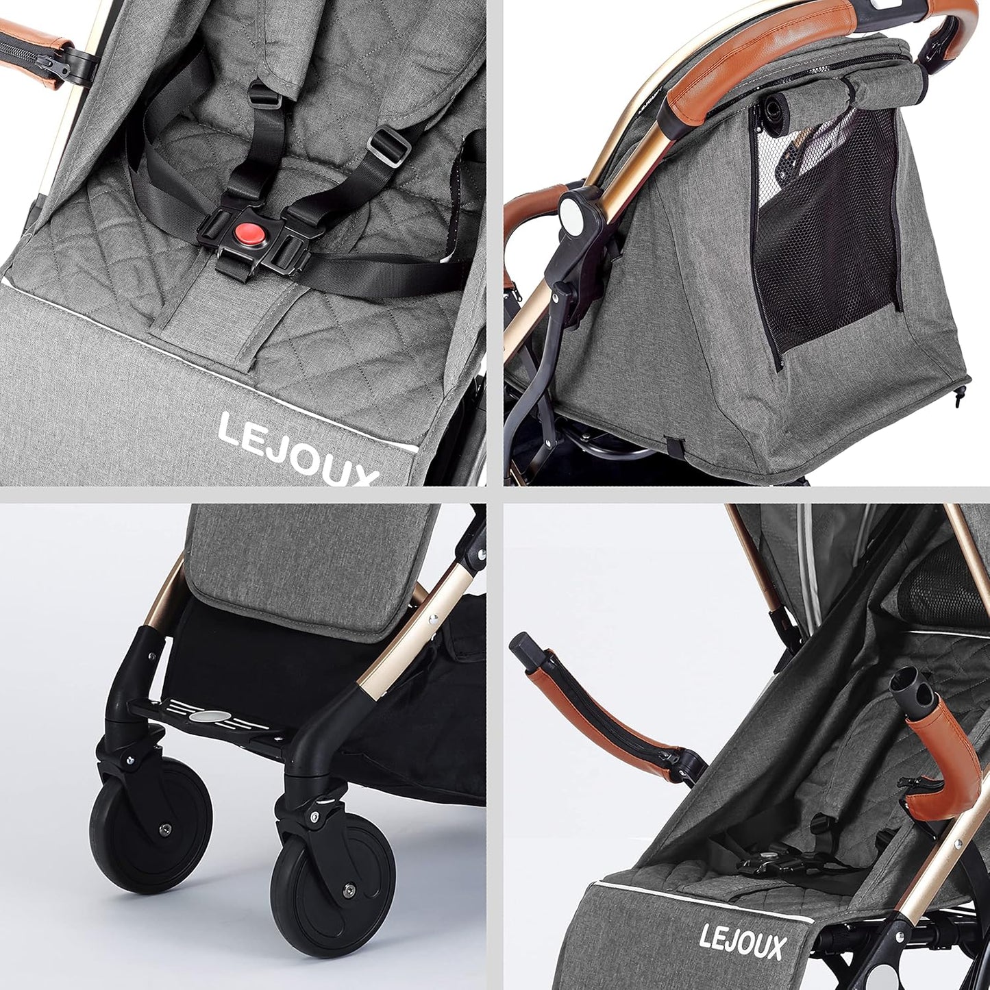 Cochecito Lejoux™ - Cochecito de viaje ligero y plegable con arnés de 5 puntos, respaldo ajustable y cesta grande plegable con una sola mano - Ruedas giratorias suaves Cubierta para la lluvia (Negro)