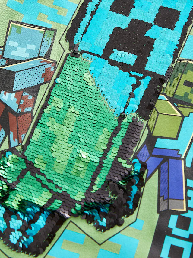 |BigBoy| Camiseta Verde Minecraft Creeper Manga Comprida Flippy Com Lantejoulas (4-16 anos)